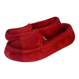Ugg Ansley Mocassin Slippers Red Suede Cozy Sheepskin Fur Lined Size US 7 EU 38